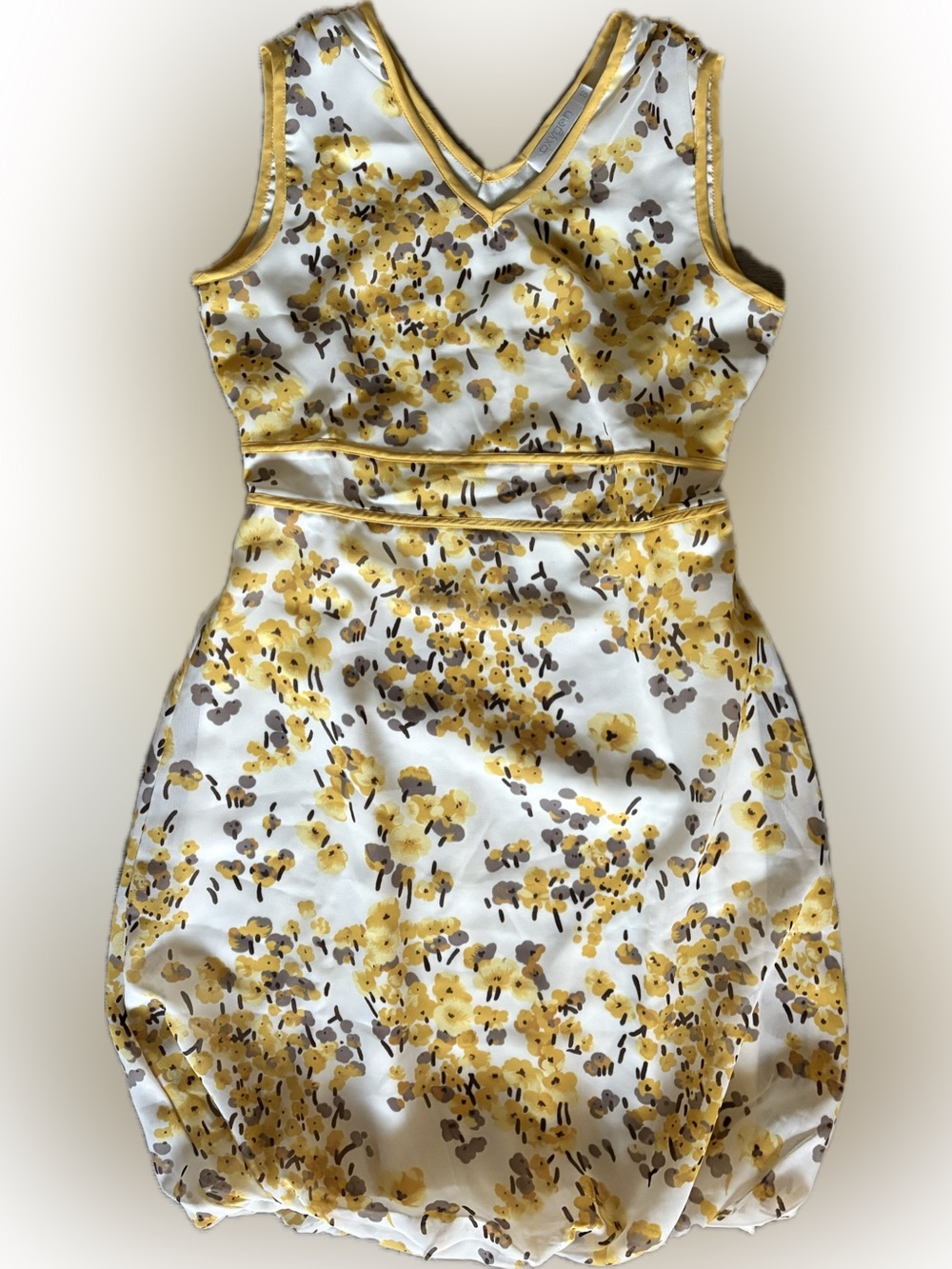 Oxygen Yellow Floral Dress Balloon Hem V-Neck Sleeveless Romantic Cottage Size S
